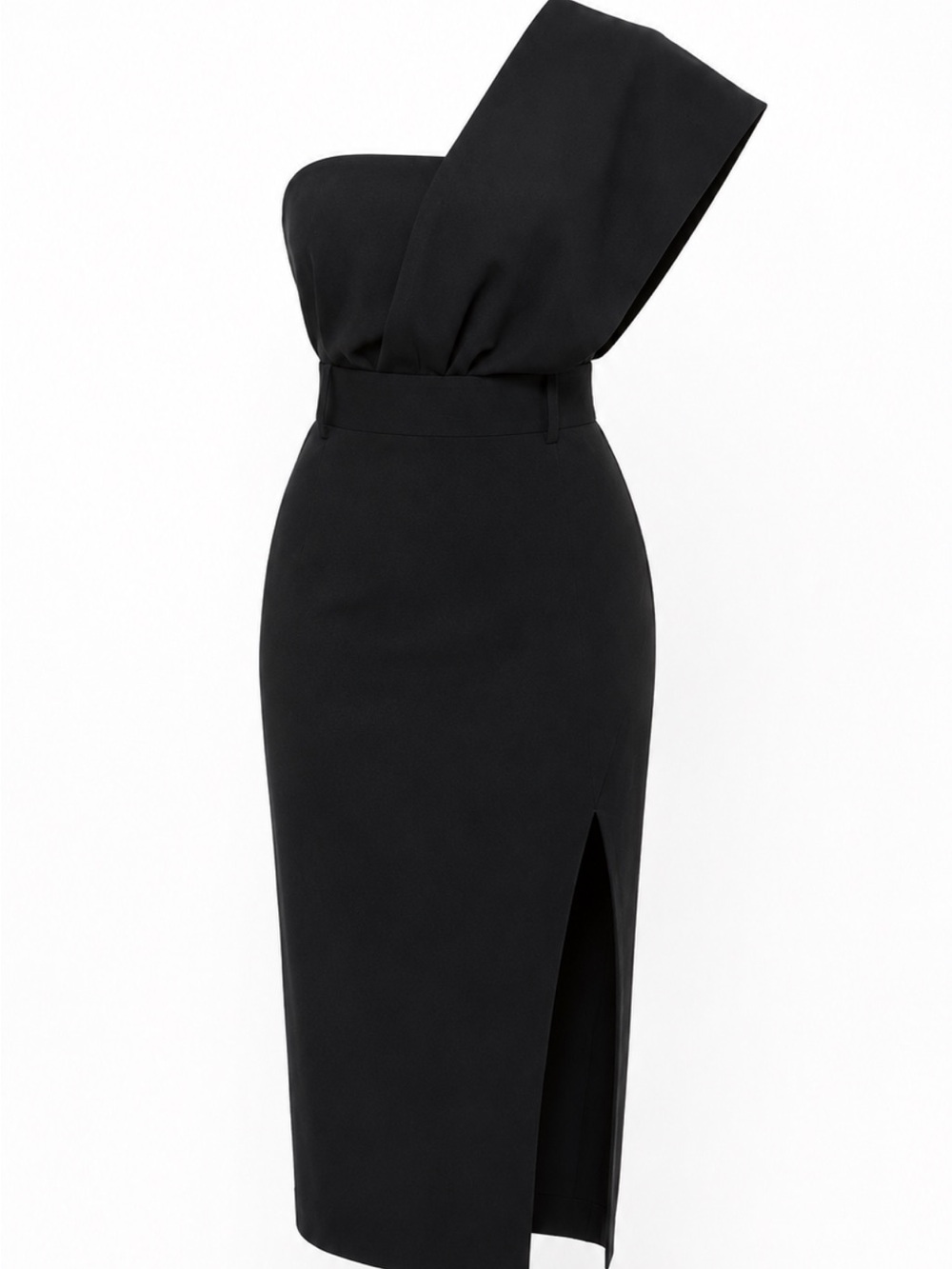 Elegant One-Shoulder Black Midi Dress